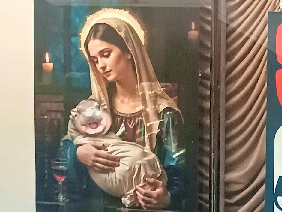 Maria mit dem Hippo-Kind statt dem Jesuskind. Im Schaufenster eines Einkaufszentrums in Bangkok ausgestellt.