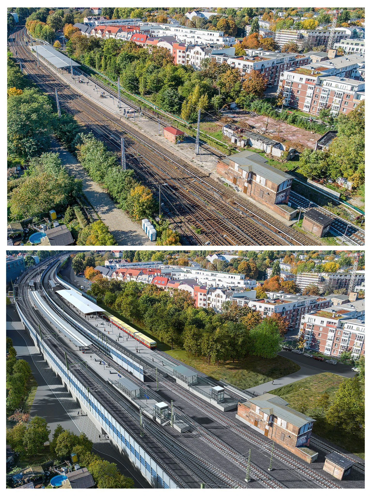 Der S-Bahnhof Köpenick vor dem Baustart und eine Visualisierung, wie er ab 2027 aussehen soll. 