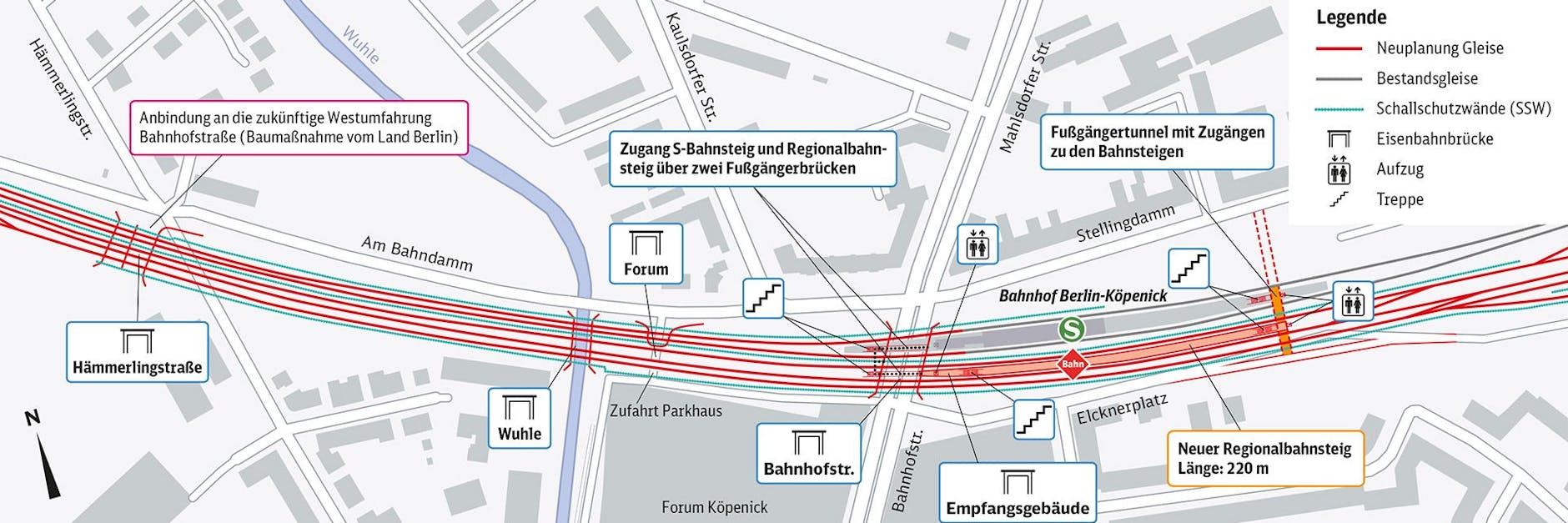 Die Grafik zeigt den geplanten Umbau am S-Bahnhof Köpenick, der schon seit Jahren für Verkehrschaos sorgt und bis 2027 weiter sorgen wird.