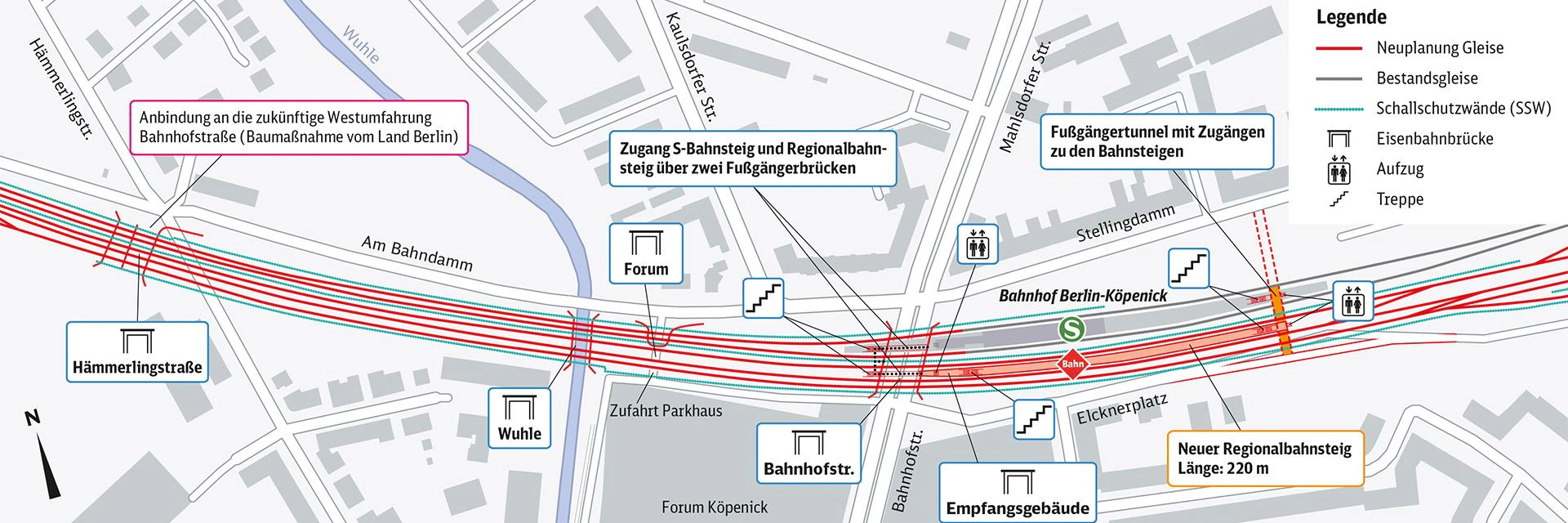 Die Grafik zeigt den geplanten Umbau am S-Bahnhof Köpenick, der schon seit Jahren für Verkehrschaos sorgt und bis 2027 weiter sorgen wird. 