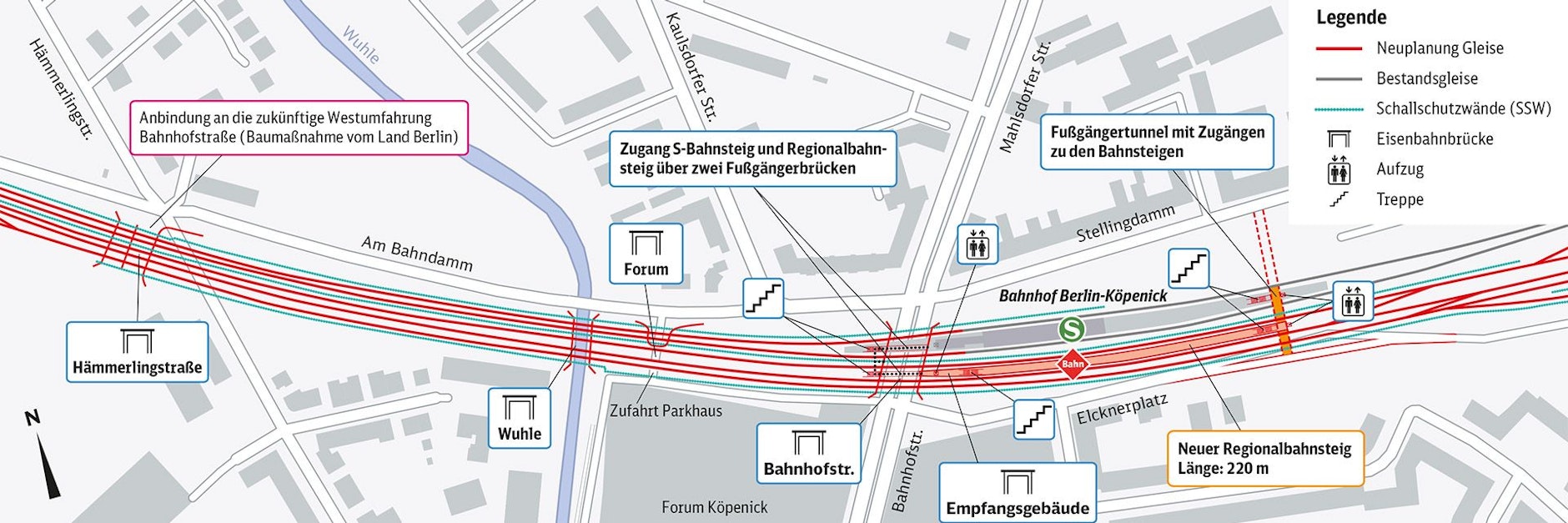 Die Grafik zeigt den geplanten Umbau am S-Bahnhof Köpenick, der schon seit Jahren für Verkehrschaos sorgt und bis 2027 weiter sorgen wird. 