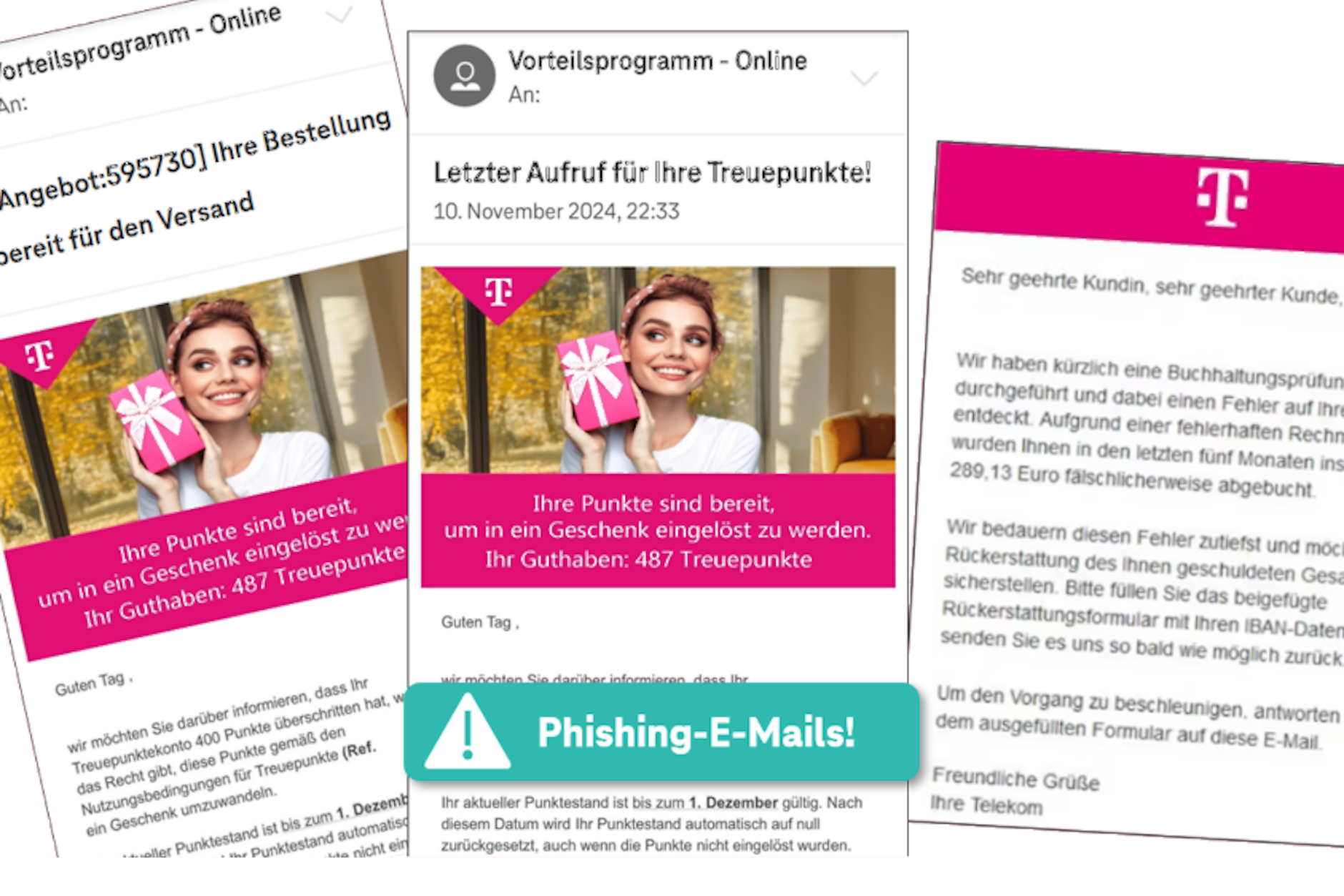 Die Telekom warnt vor Fake-E-Mails von Betrügern, in denen Kunden mit angeblichen Treuepunkten gelockt werden sollen.