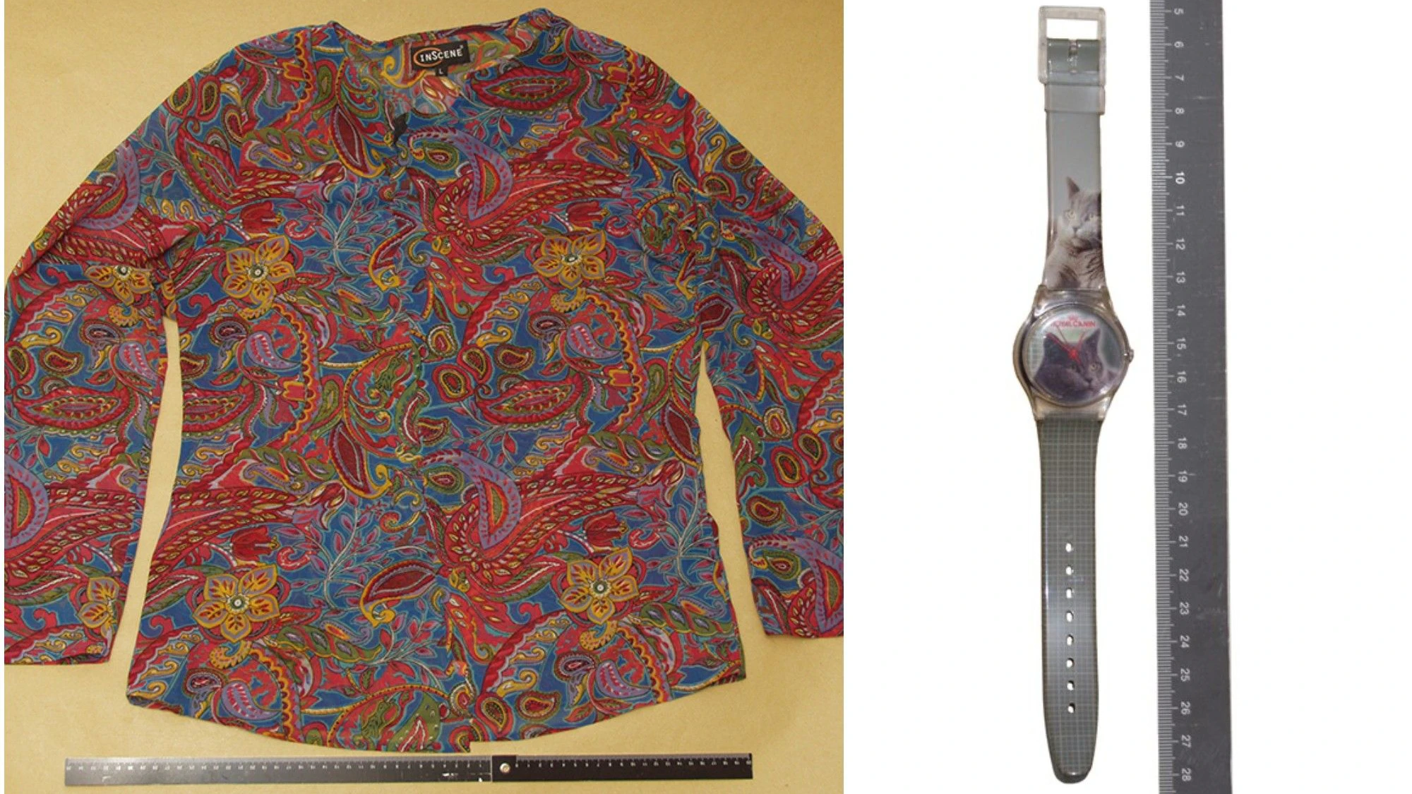 Die unbekannte Tote trug diese bunte Bluse unter einer weißen Fleecejacke und diese Uhr mit Katzenmotiv.
