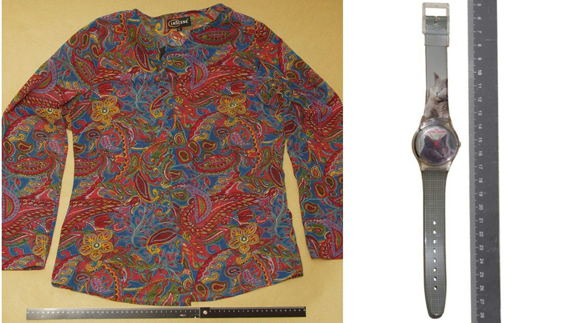 Die unbekannte Tote trug diese bunte Bluse unter einer weißen Fleecejacke und diese Uhr mit Katzenmotiv.
