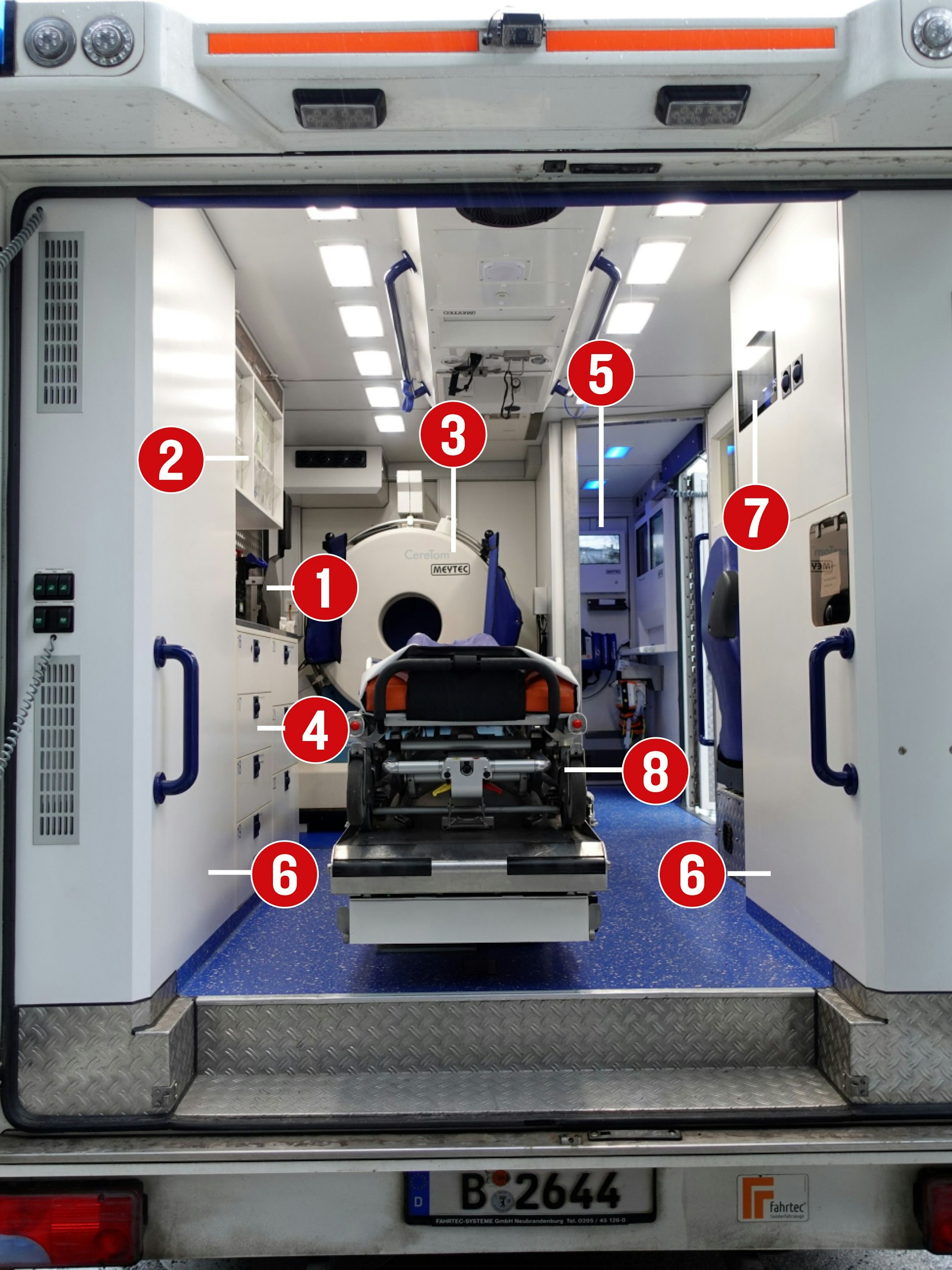 Ein Blick in das Innere des Berliner Stroke-Einsatz-Mobils.  <strong>1.</strong> Hier finden ein Perfusor (Spitzenpumpe) und Desinfektionsmittel Platz. <strong>2.</strong> In dem Hochschrank werden Verbände, Kanülen und Sauerstoffmasken verstaut.&nbsp;<strong>3.</strong> der CT-Scanner (300.000 Euro) von Meytec, <strong>4.</strong> In den Fächern werden Medikamente, Röntgenkontrastmittel und Betäubungsmittel (BTM) gelagert. Das BTM-Fach ist verschlossen. <strong>5.</strong> Die Tür ist verbleit. Bei einer CT-Aufnahme ziehen sich die Mediziner hierher zurück und schließen die Tür. Aus dem Raum wird das CT gesteuert, es gibt zwei Monitore zur Überwachung und Platz für Laborgeräte. <strong>6.</strong> In den Schränken findet sich Platz für Bleischürzen und Tragen. <strong>7.</strong> ein Bildschirm für Telemedizin. <strong>8.</strong> die Trage, zugelassen für Patienten bis 150 Kilogramm.