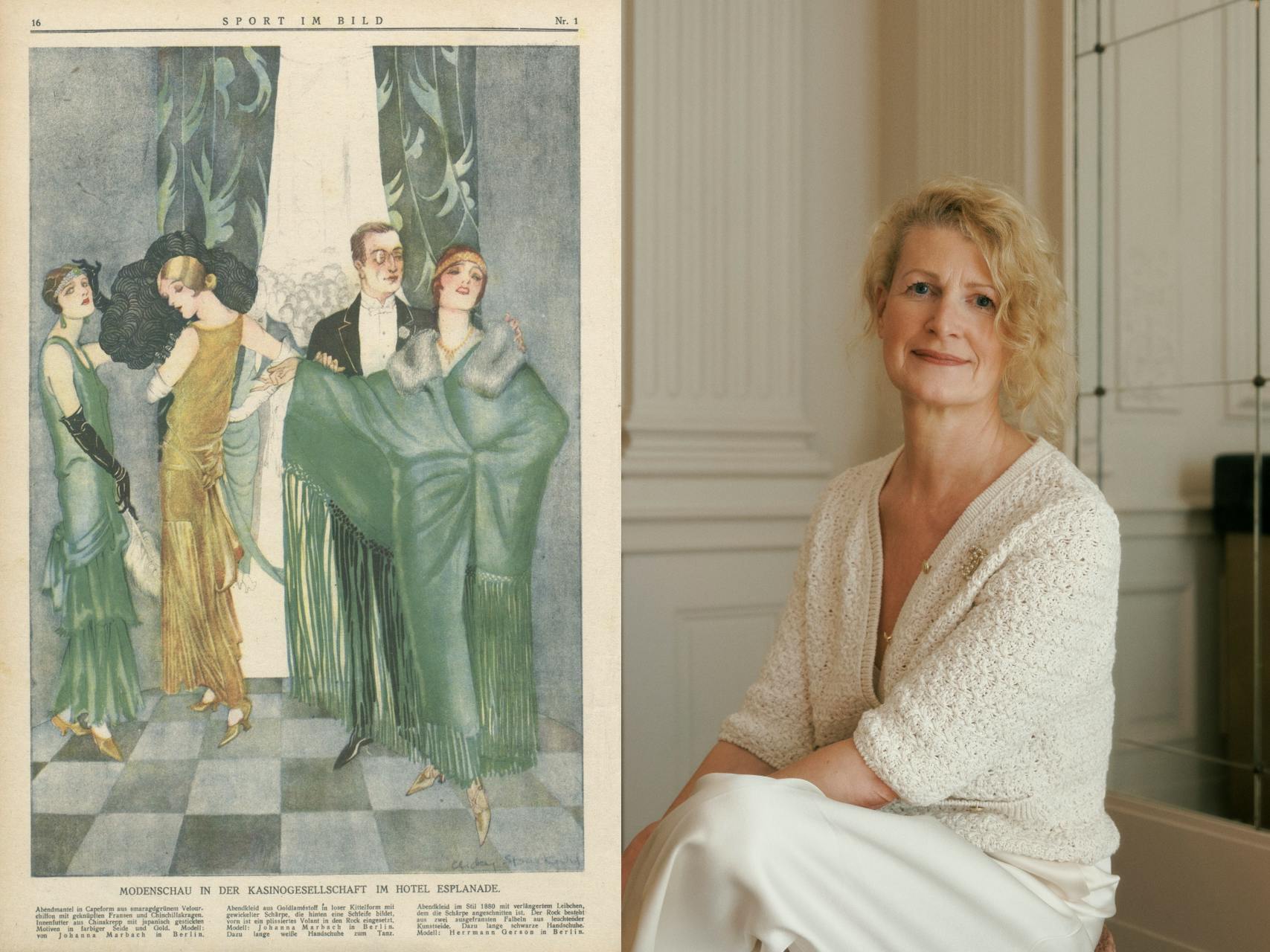 Gesa Kessemeier nebst einer Illustration, die eine Modenschau im Hotel Esplanade 1924 zeigt.