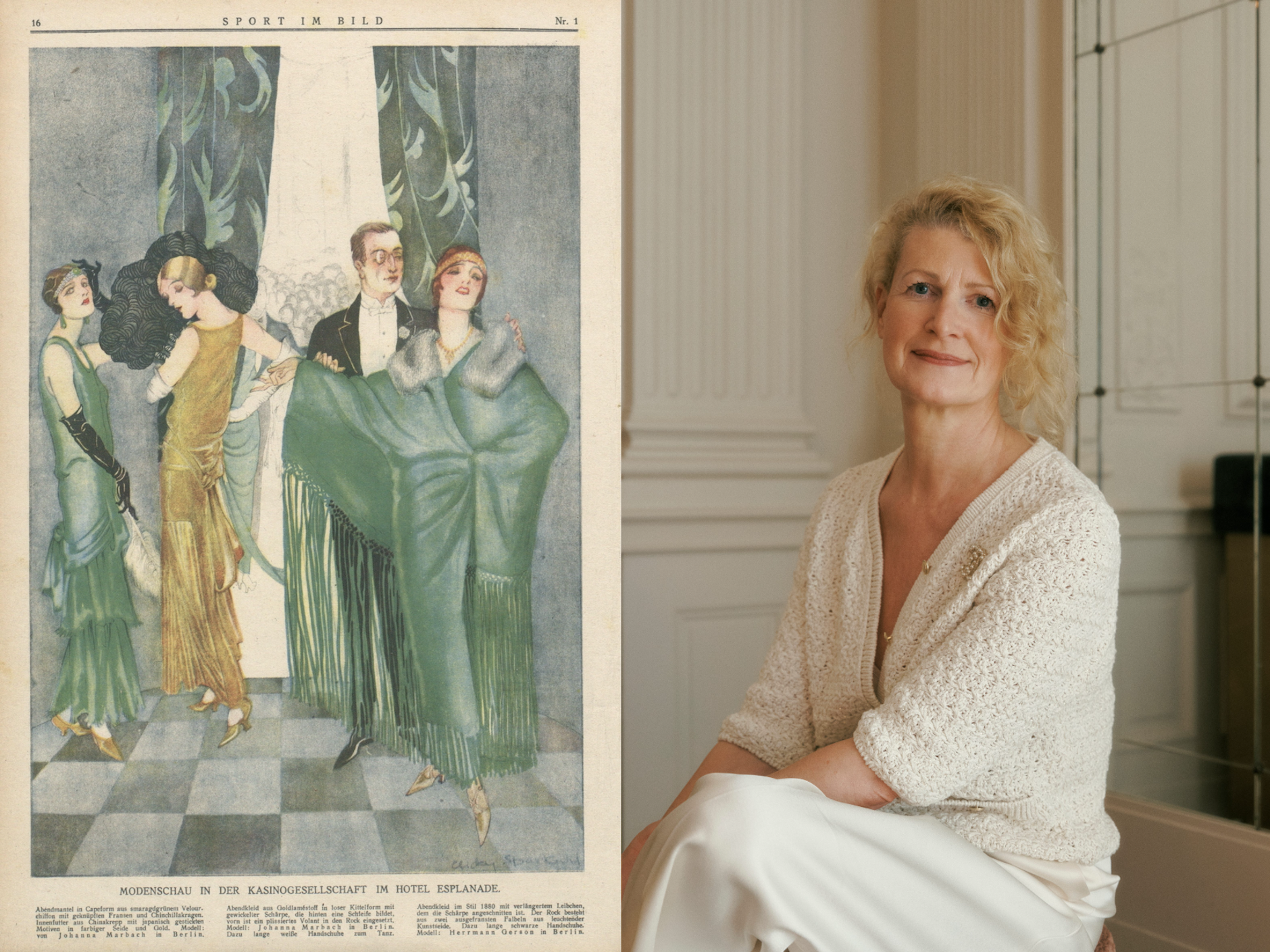 Gesa Kessemeier nebst einer Illustration, die eine Modenschau im Hotel Esplanade 1924 zeigt.