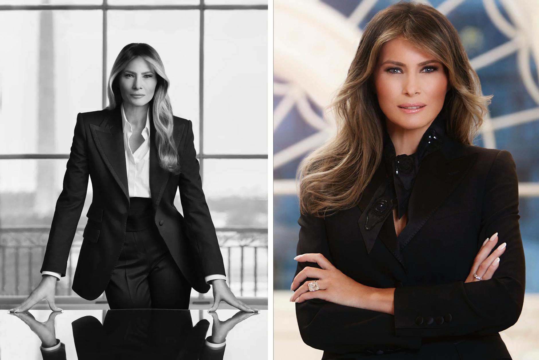 Melania Trump im Vergleich: Ihr offizielles Porträt aus den Jahren 2025 (l.) und 2017 (r.)