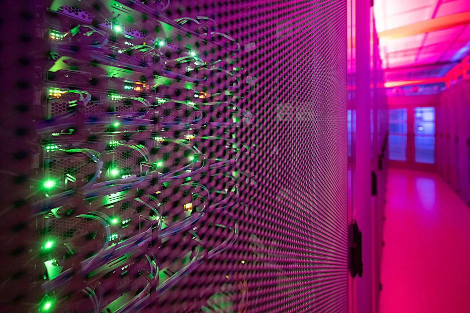 LEDs leuchten in dem Serverschrank eines Rechenzentrums. Anwendungen, die Künstliche Intelligenz erfordern, benötigen viele Daten und daher auch viel Energie.