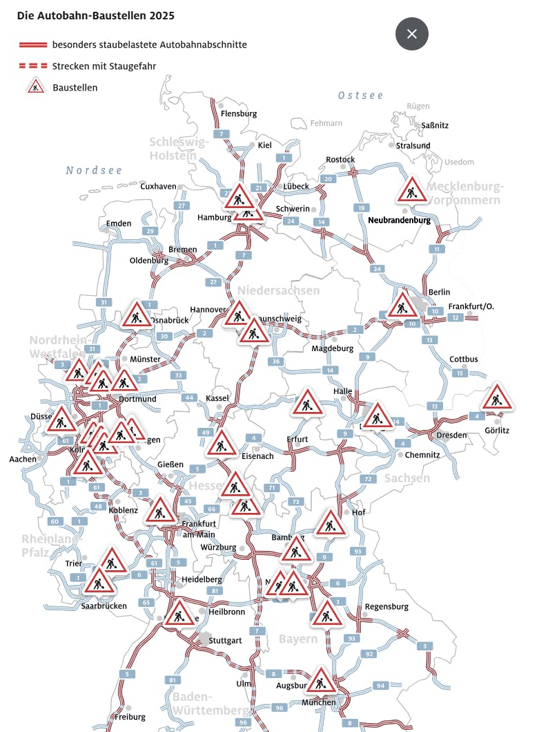 Diese ADAC-Karte zeigt die Baustellen und gefährlichsten Staustrecken auf den Autobahnen in Deutschland.
