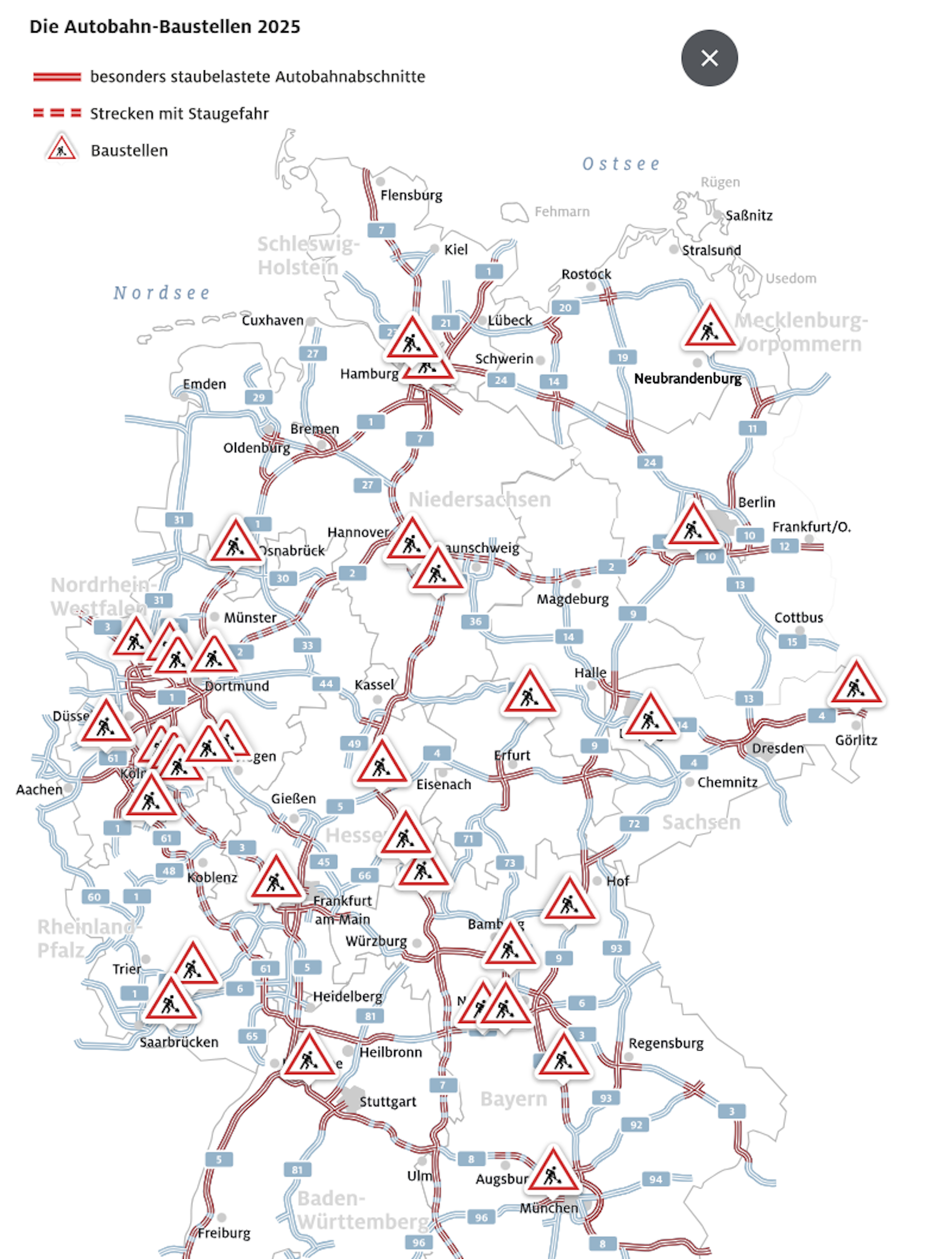 Diese ADAC-Karte zeigt die Baustellen und gefährlichsten Staustrecken auf den Autobahnen in Deutschland.