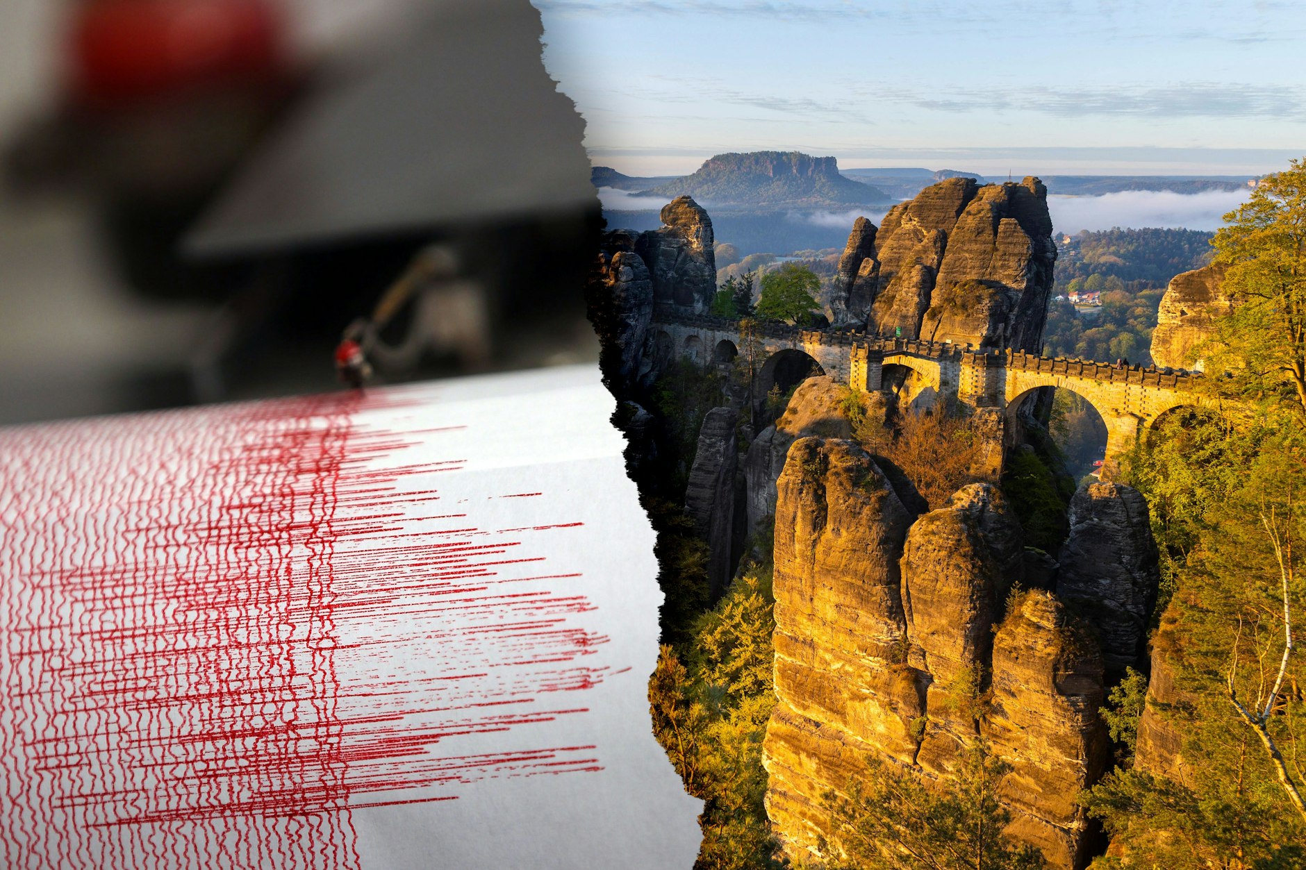 In der Sächsischen Schweiz gab es am Sonnabend ein Erdbeben. Rechts: Die Basteibrücke ist eine der bekanntesten Sehenswürdigkeiten der Wanderregion.