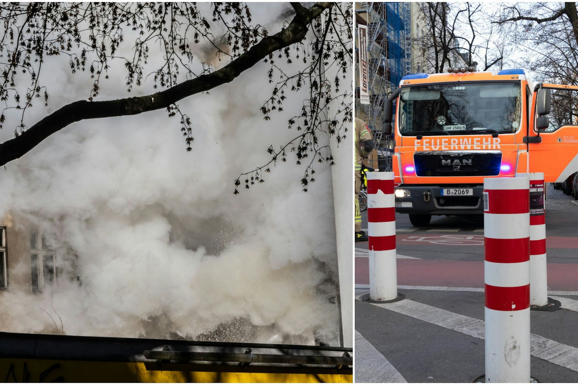 Nicht nur dieses Einsatzfahrzeug scheiterte an den „Kiezblockern“, auch schon die Drehleiter musste umdrehen und einen anderen Anfahrtsweg suchen.