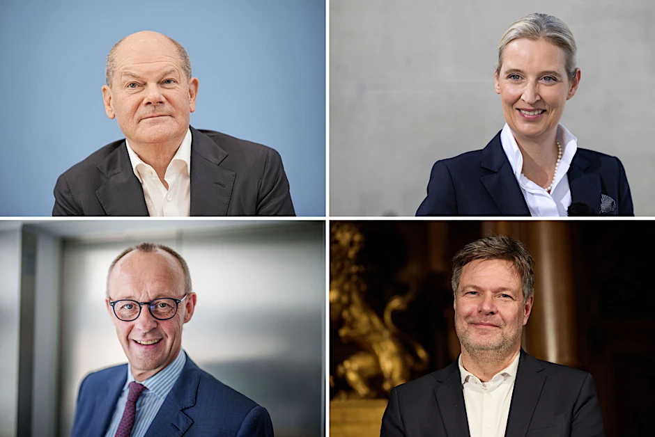 Bundeskanzler Olaf Scholz (SPD, oben, l-r,), Alice Weidel (AfD), Bundesparteivorsitzende, sowie Friedrich Merz, CDU-Bundesvorsitzender und CDU/CSU Fraktionsvorsitzender im Bundestag, und Robert Habeck (Bündnis 90/Die Grünen)