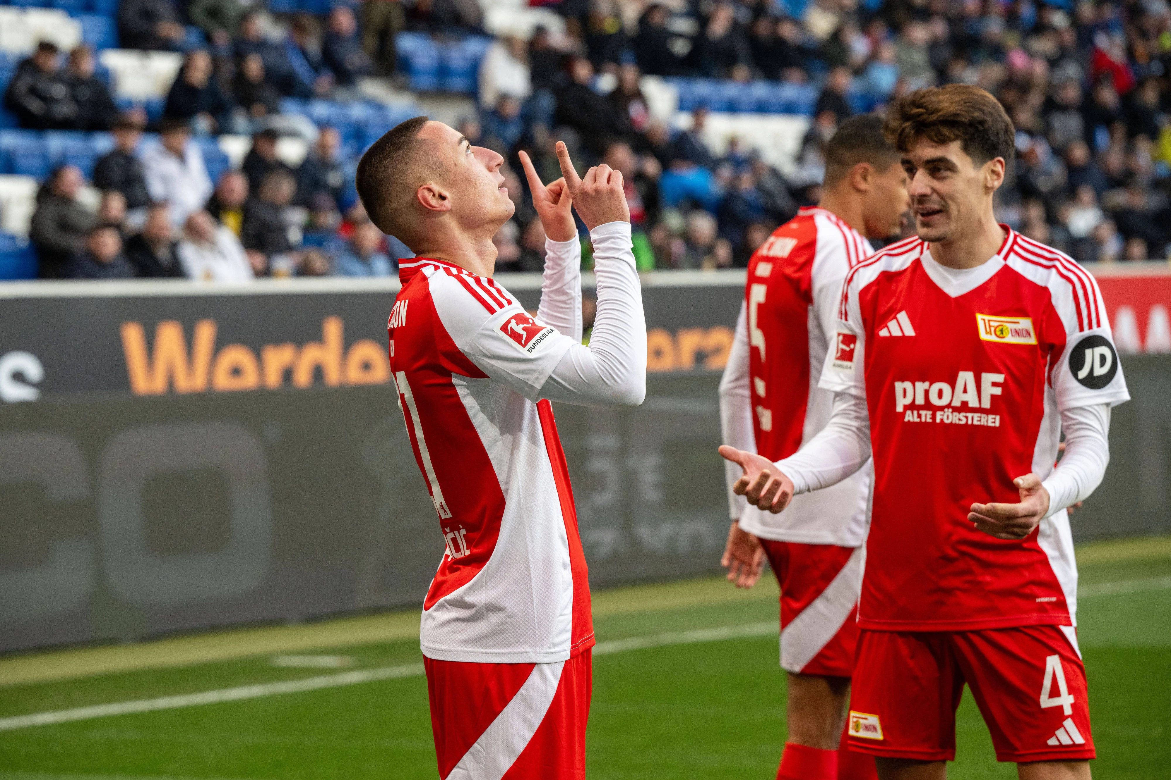 Kaum da, schon erfolgreich: Marin Ljubicic (22) trifft bei seinem Debüt für den 1. FC Union zum zwischenzeitlichen 2:0 bei der TSG Hoffenheim.