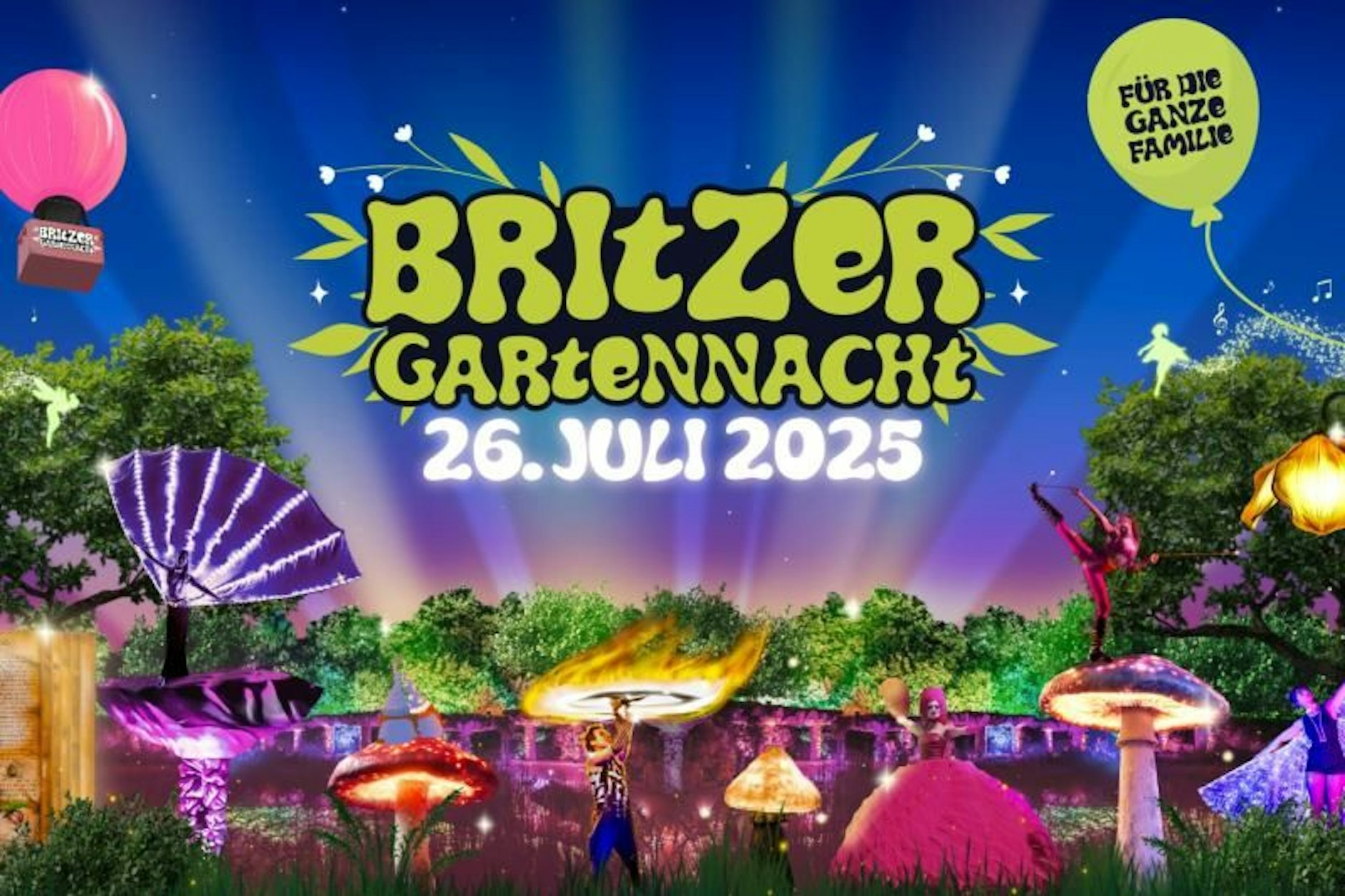 Willkommen zu einer magischen Sommernacht am Samstag, dem 26. Juli, im Britzer Garten – mit Fabelwesen, märchenhaften Illuminationen und zauberhaften Welten. Unbedingt hingehen!