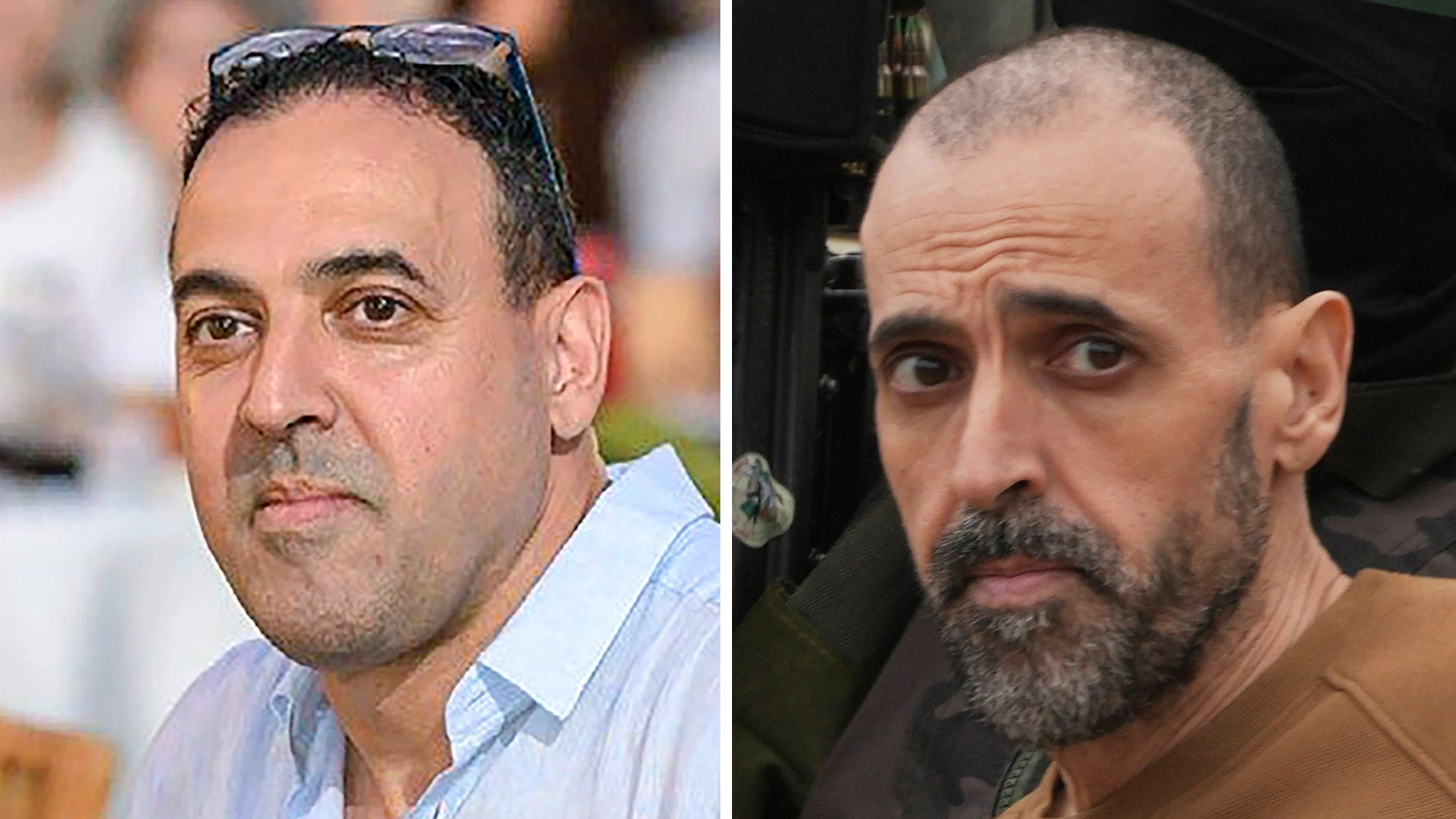 Eli Scharabi vor der Entführung durch die Hamas. Und rechts bei seiner Freilassung. Er verlor bei dem Massaker seine Frau und seine zwei Töchter, was er erst nach seiner Freilassung erfuhr.