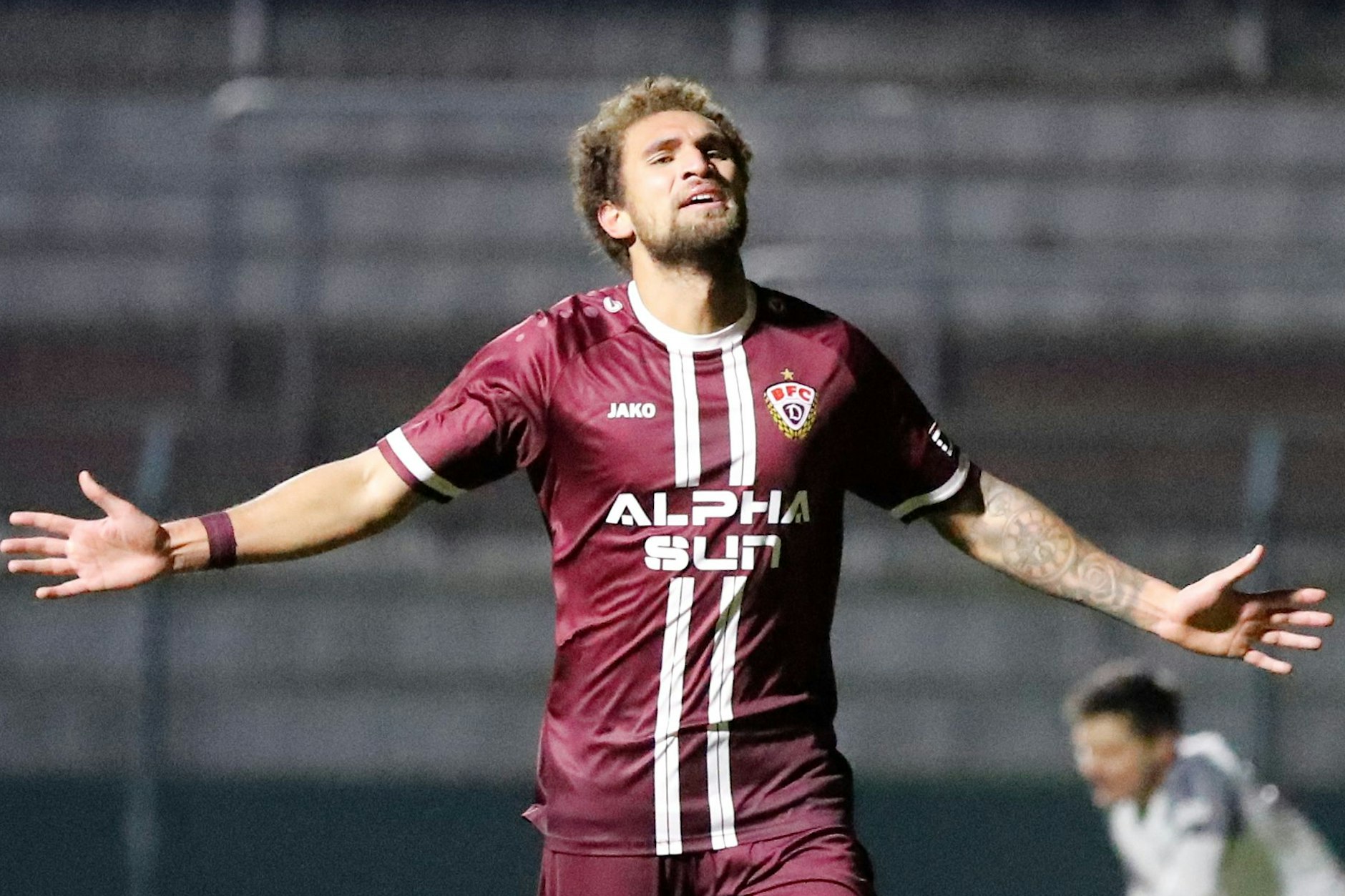 Kevin Lankford feiert sein 1:0 für den BFC Dynamo im Spiel gegen Chemie Leipzig.