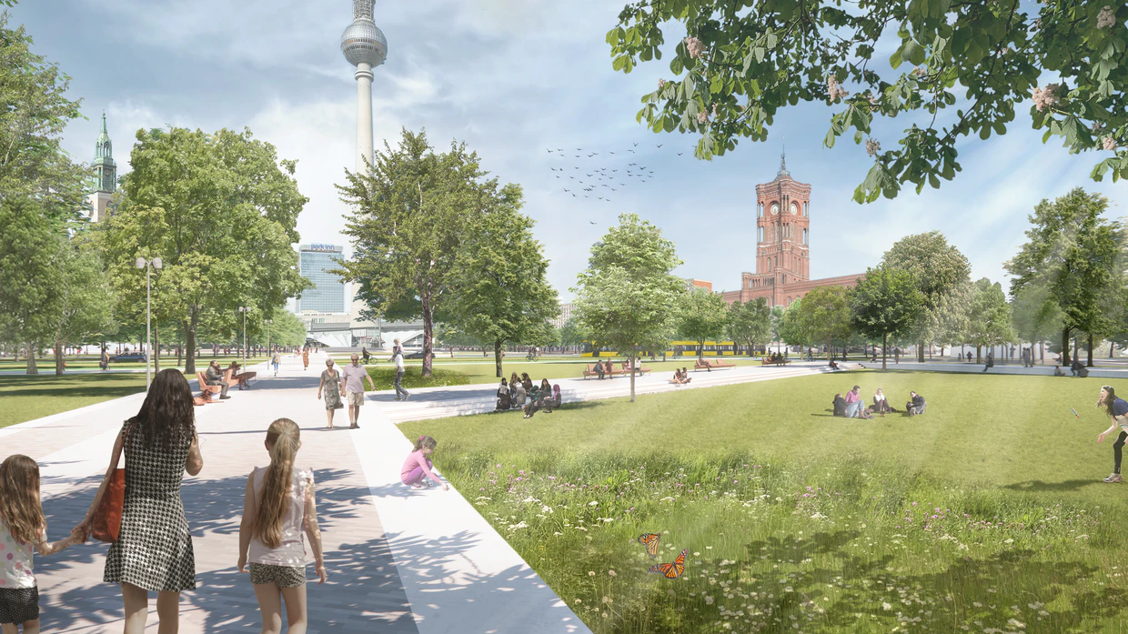 So soll es nach dem Umbau am Marx-Engels-Forum aussehen. Bis die neu gepflanzten Bäume groß sind, dauert es allerdings Jahrzehnte.