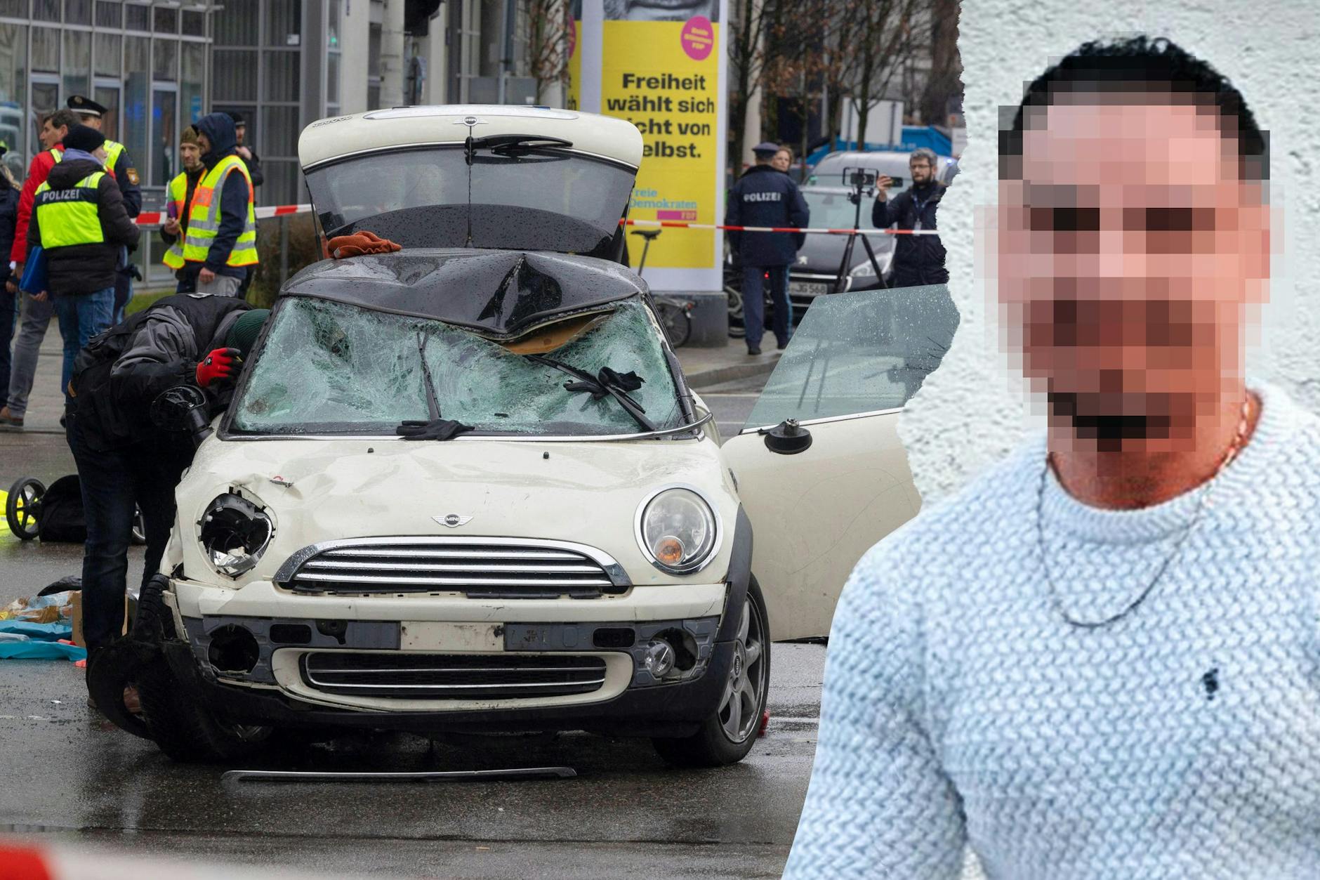 Farhad N. fuhr am Donnerstag mit einem Mini Cooper in das Ende eines Demonstrationszuges in München. 39 Menschen wurden teils schwer verletzt.