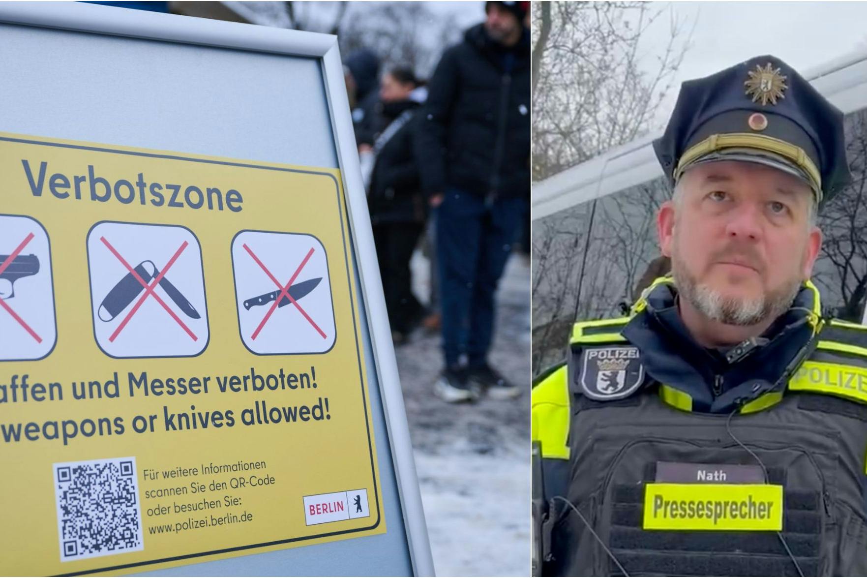 Ein Schild mit der Aufschrift „Verbotszone“ steht auf dem Leopoldplatz, während die Polizei Flyer in unterschiedlichen Sprachen verteilt und Menschen über das neue Gesetz aufklärt. Ab heute gibt es Messerverbotszonen im Görlitzer Park, am Kottbusser Tor und am Leopoldplatz. Links der Pressesprecher der Berliner Polizei.