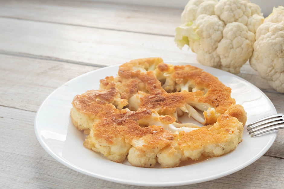 Auch eine leckere Art, Blumenkohl zu genießen. Paniert und ausgebraten wie ein Schnitzel. Noch krosser wird die Panade, wenn Cornflakes verwendet werden wie bei unserem Rezept.