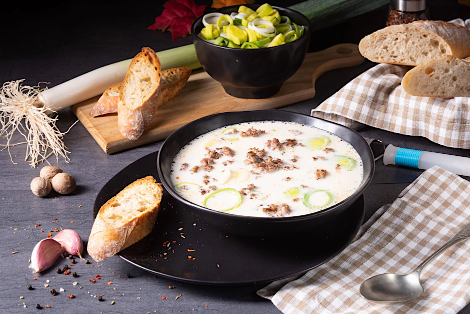 So schön cremig und doch deftig! Mit Brot dazu ist die Käse-Lauch-Hack-Suppe ein sehr leckeres Mittag- oder Abendessen.