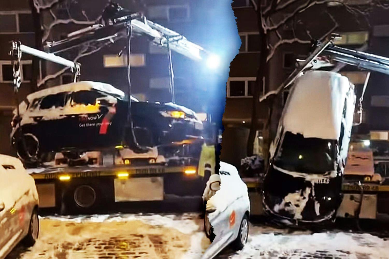 Abschlepp-Panne in der Schönleinstraße: Das Auto wird gerade mit dem Kran auf den Abschlepper gehoben, als die Träger reißen. Der Wagen kracht auf die Straße.