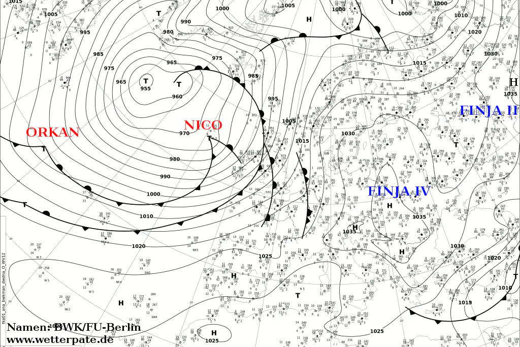 Von links drückt das Tief „Orkan“ nach Mitteleuropa hinein. Tier-Vorgänger war „Nico“. „Finja“ ist das aktuelle Hochdruckgebiet.