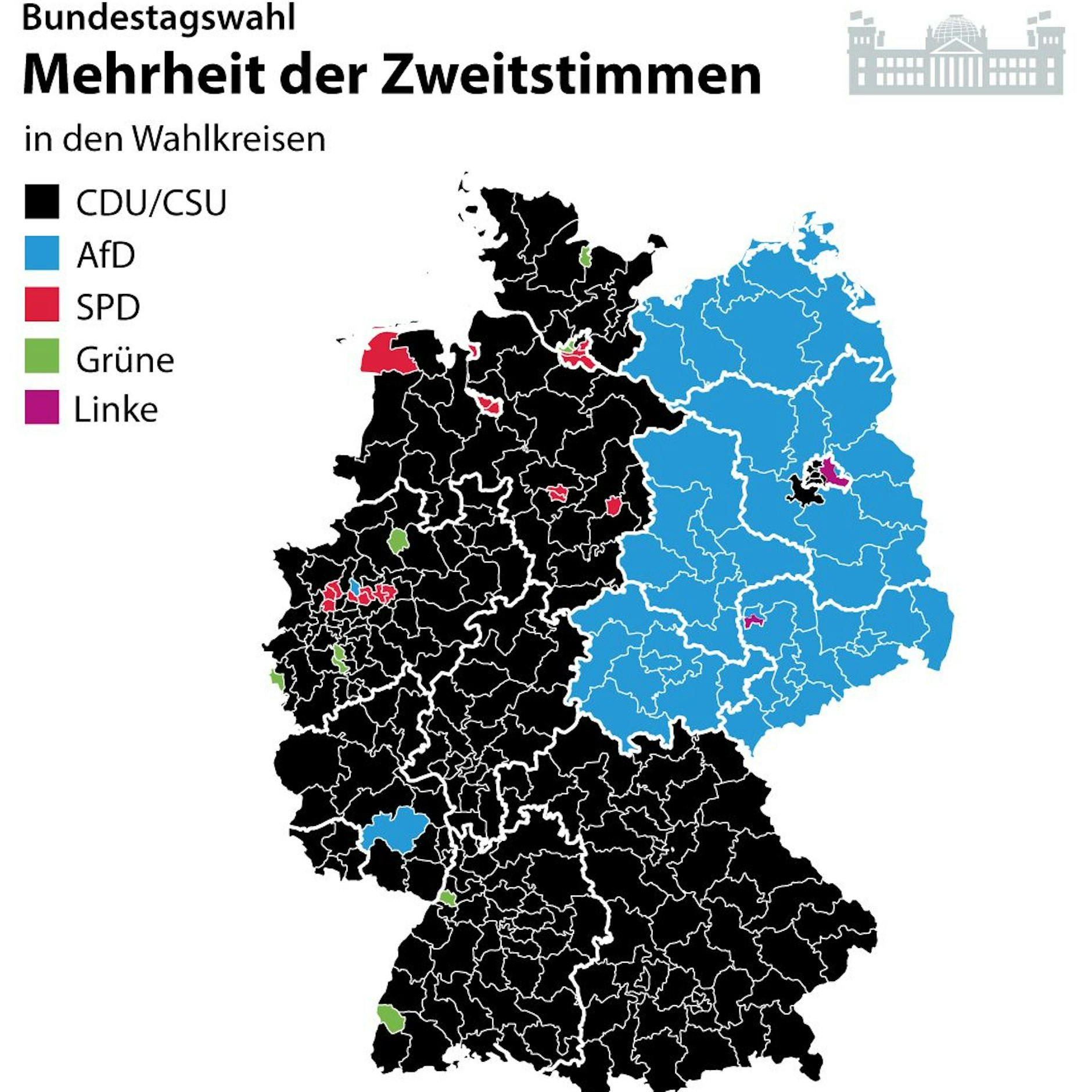 Bundestagswahl Zweitstimmen: Fast der ganze Osten Deutschlands zeigt sich im AfD-blau.