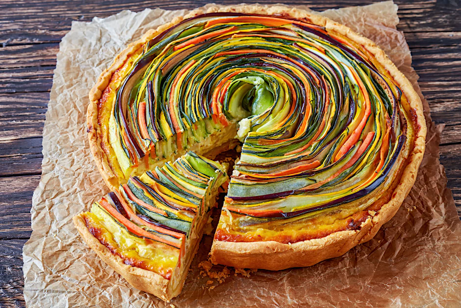 Das Auge isst mit! Und lecker ist diese Gemüse-Tarte in Spiralform zudem.