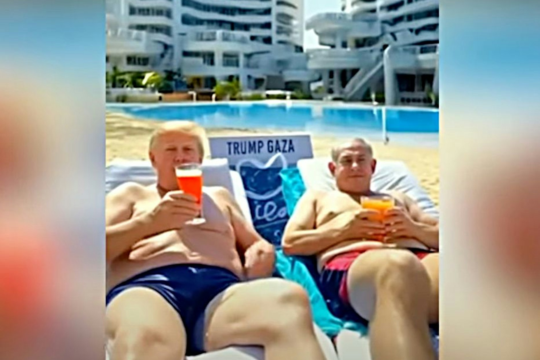 In dem KI-Video schlürfen US-Präsident Donald Trump (l.) und Israels Ministerpräsident Benjamin Netanjahu gemeinsam Cocktails.