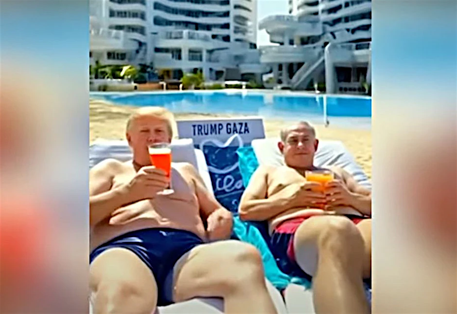 In dem KI-Video schlürfen US-Präsident Donald Trump (l.) und Israels Ministerpräsident Benjamin Netanjahu gemeinsam Cocktails.