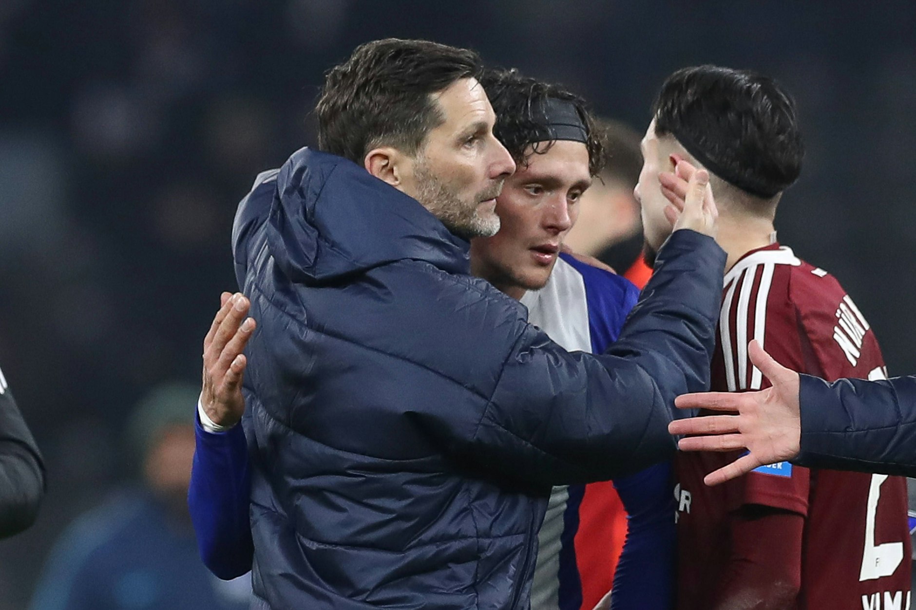 Herthas neuer Trainer Stefan Leitl und Fabian Reese nach dem 0:0 gegen den 1. FC Nürnberg im Olympiastadion.