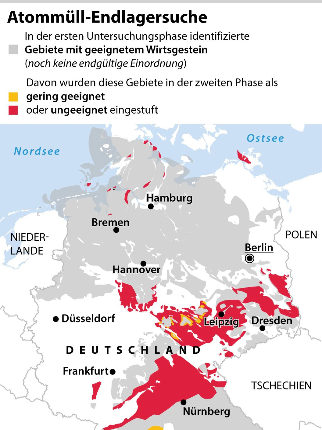 Grafik-Karte Nr. 108029, Hochformat 90 x 150 mm , "Endlager-Suche: weitere Eingrenzung potenzieller Flächen in Deutschland" Grafik: A. Brühl, Redaktion: J. Schneider