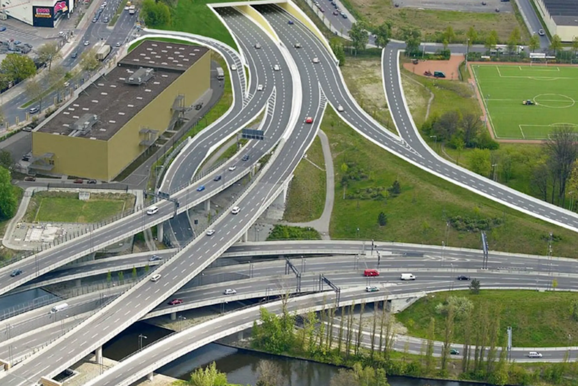 Eine Visualisierung zweigt den im Bau befindlichen 16. Bauabschnitt der A100, der vom Autobahndreieck Neukölln bis zur Anschlussstelle am Treptower Park gehen soll.