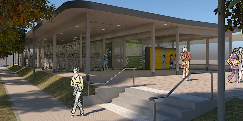 So soll die Fahrradabstellanlage am S-Bahnhof Eichwalde im Landkreis Dahme-Spreewald (Linie S46) aussehen. Unter einer Holzkonstruktion wird es Platz für 314 Fahrräder geben.