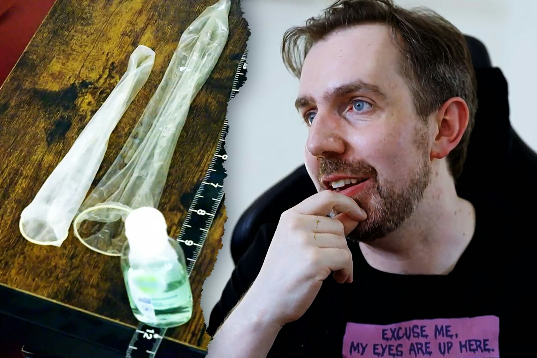 Matt leidet unter seinem riesigen Penis: Links: Die Aufnahme zeigt ein normales Kondom im Vergleich zu dem Kondom, das der 39 Jahre alte Brite benutzen muss.