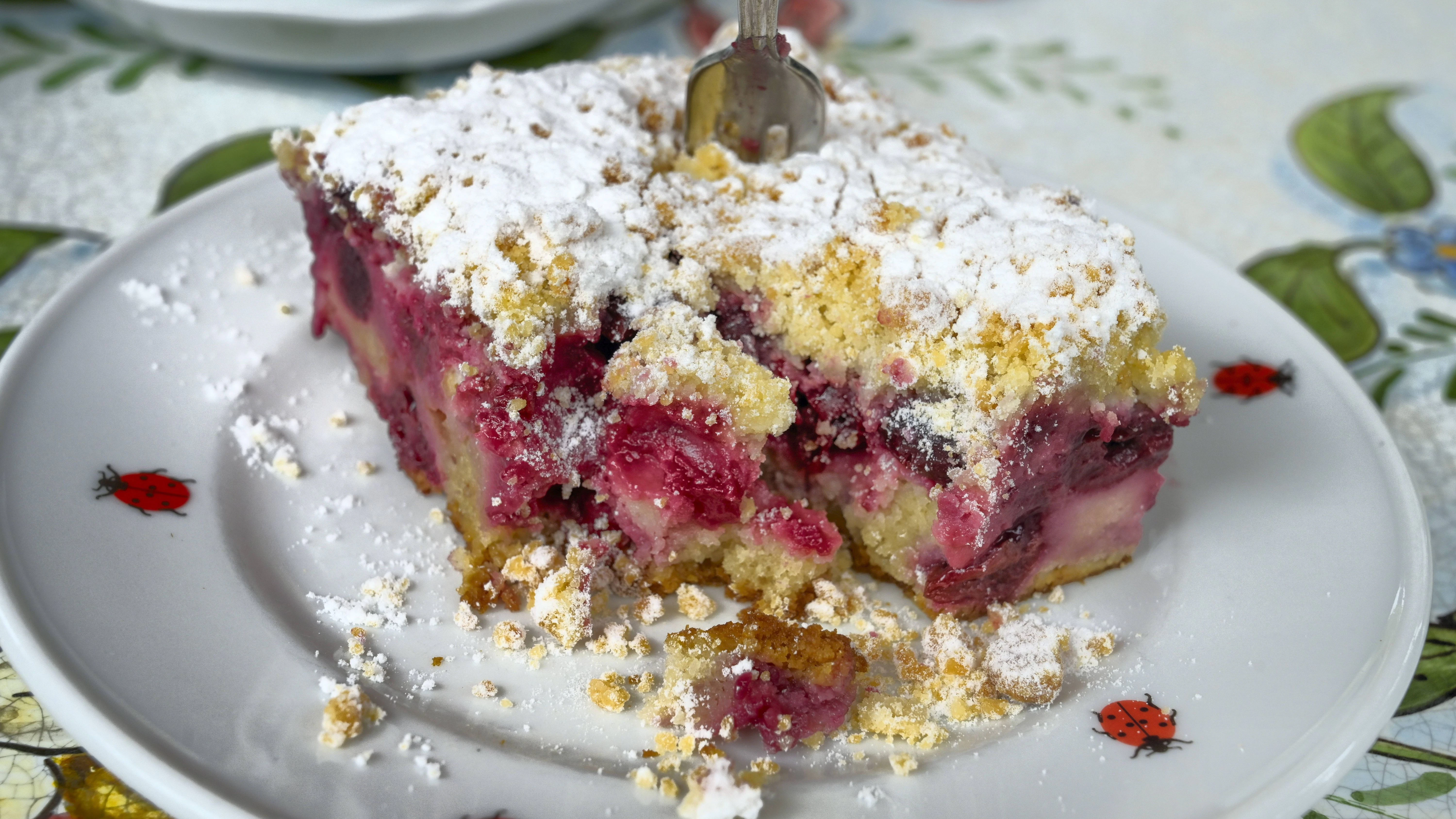 Den fertigen Thüringer Kirschkuchen mit Pudding und Streuseln können Sie auch mit etwas Puderzucker bestäuben - das verleiht dem Rezept etwas zusätzliche Süße.