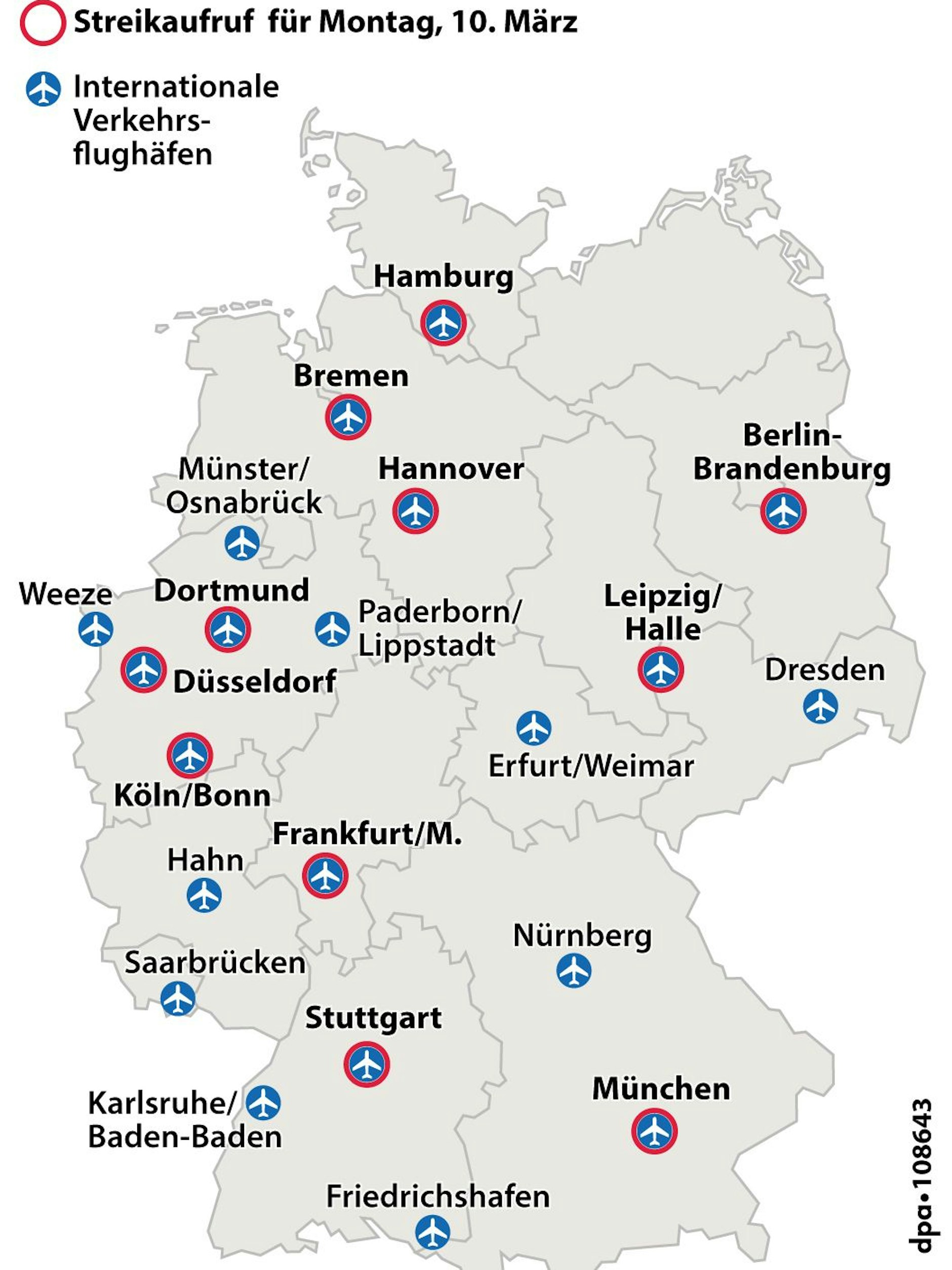An diesen elf Flughäfen (roter Kreis) soll am 10. März gestreikt werden.