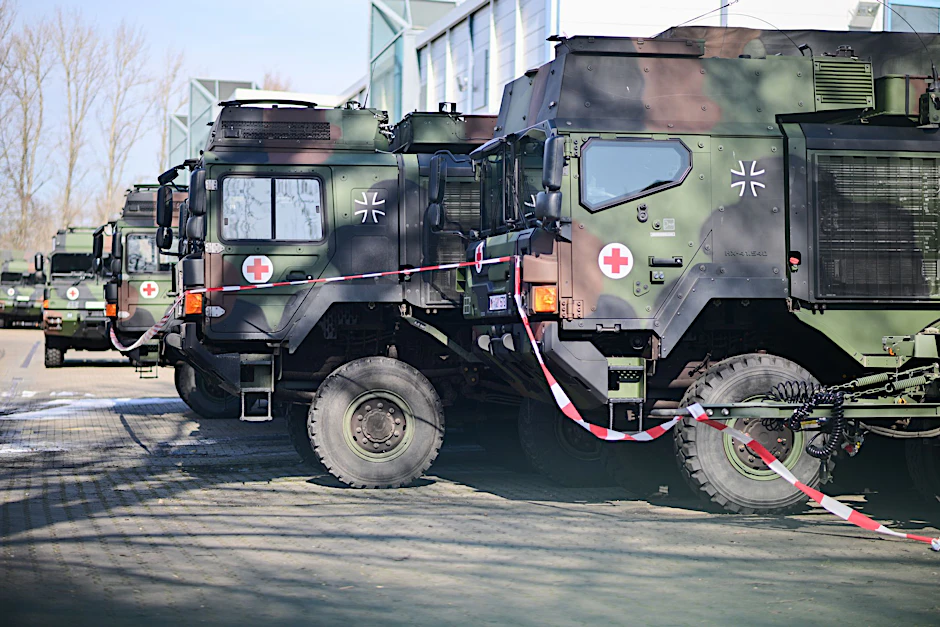 Bundeswehrfahrzeuge auf einem Parkplatz einer Werkstatt in Berlin-Spandau: Die Lkw, die bei einem Brand beschädigt wurden, sind mit Absperrband markiert.