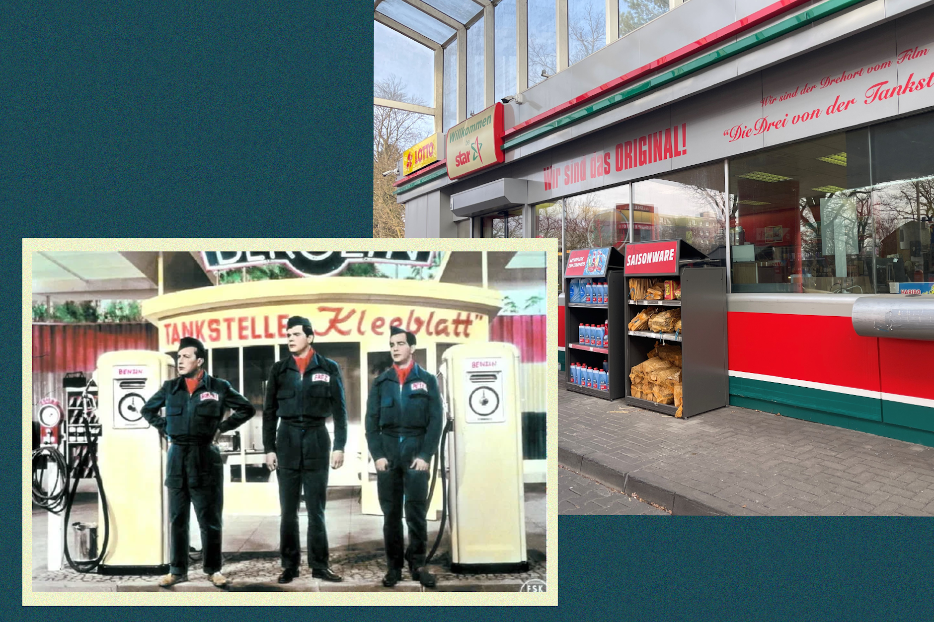 Die heutige Tankstelle an der Lindenthaler Allee: Davor auf dem kleinen Foto eine Szene aus einem Remake des Films „Die Drei von der Tankstelle“ von 1955. Das Original wurde in Zehlendorf gedreht.