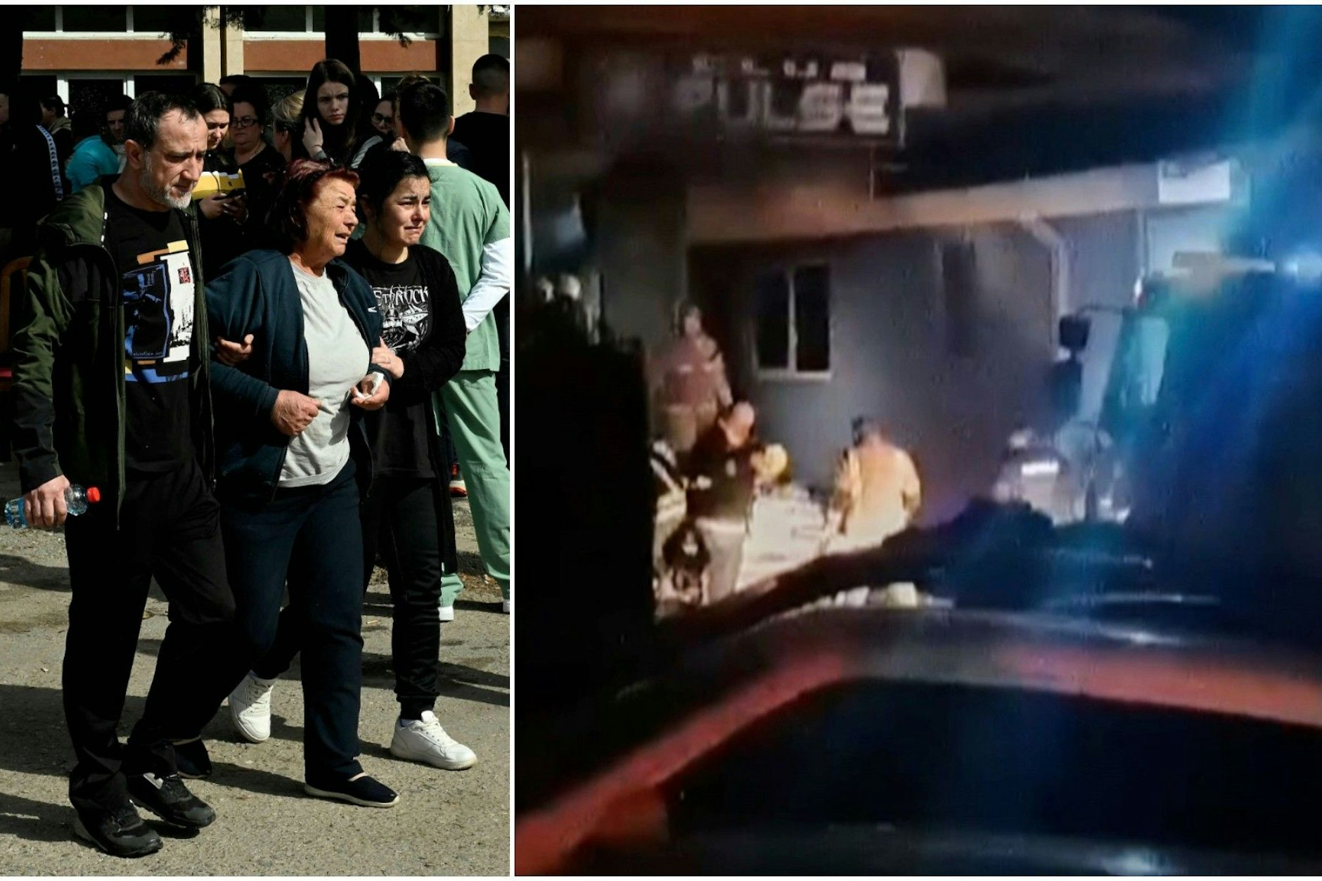 Verzweifelte Eltern nach dem Feuer in der Disco in Kocani in Nordmazedonien, vor allem sehr junge Menschen waren bei dem Konzert. Rechts: Rettungskräfte untersuchen die Unglücksstelle in dem Nachtklub „Pulse“ .