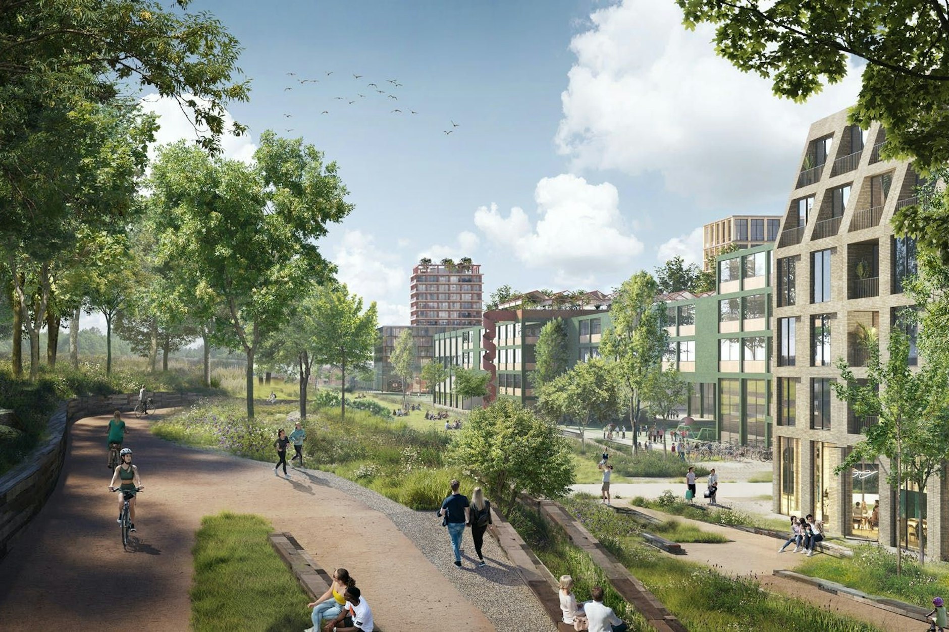 Viel Grün und Platz zum Flanieren: So soll das neue Wohngebiet auf den Areal des Köpenicker Güterbahnhofs mal aussehen.