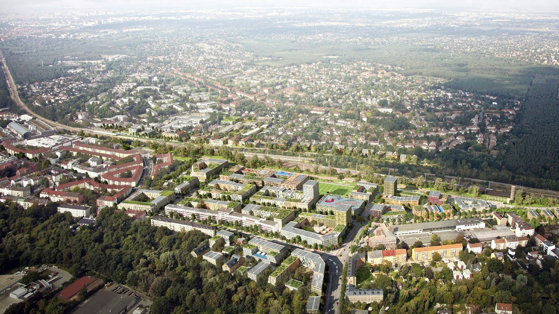 Luftaufnahme des zwei Kilometer langen Streifens, der bebaut werden soll.