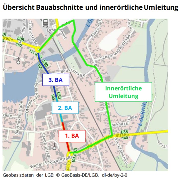 Die Baustelle in Erkner wird in drei Bauabschnitte gegliedert.