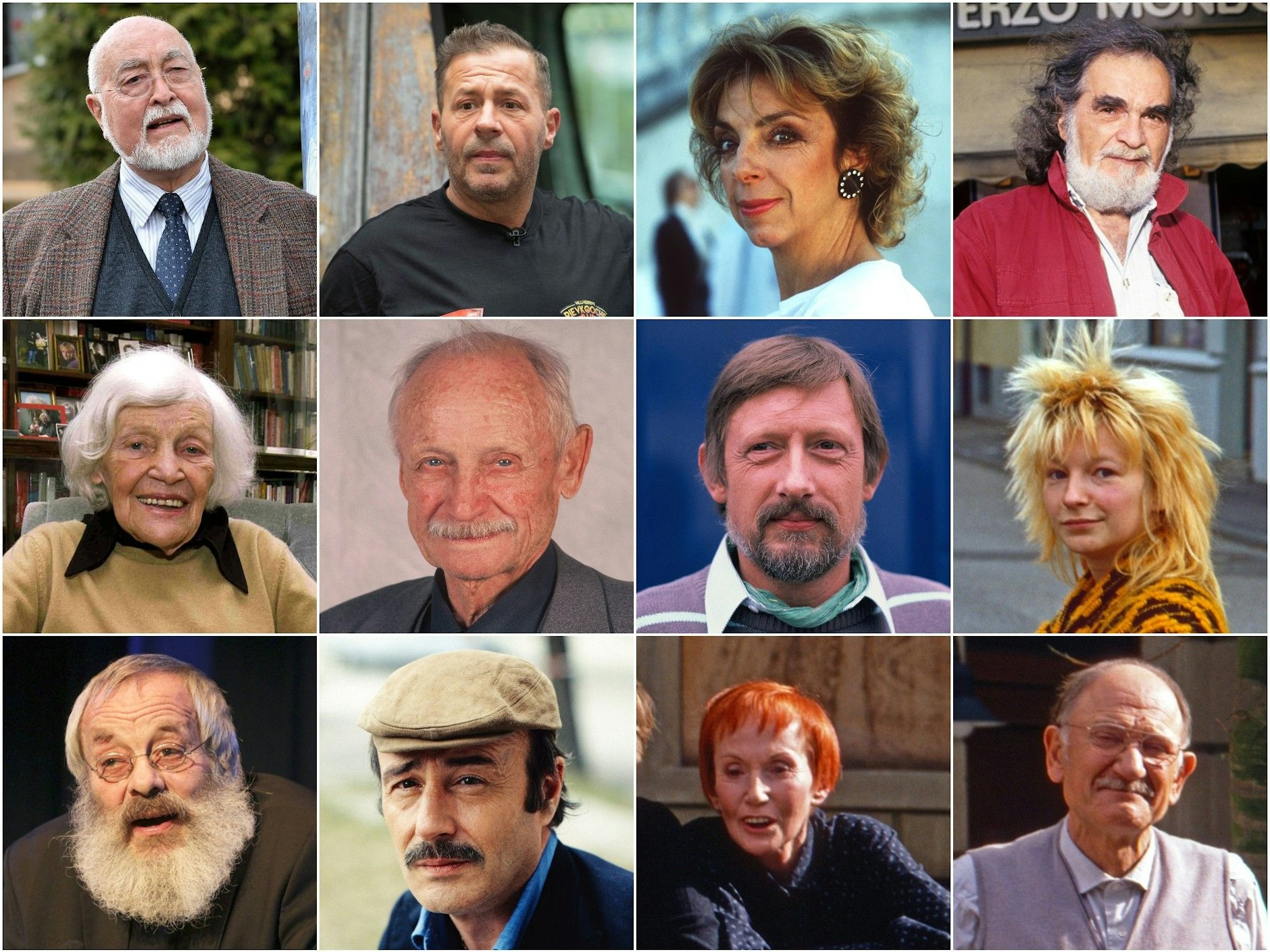 Diese Schauspieler der Lindenstraße leben nicht mehr: Ludwig Haas, Willi Herren, Ute Mora, Kostas Papanastasiou, Annemarie Wendl, Martin Rickelt, Raimund Gensel, Stefanie Mühle, Harry Rowohlt, Guido Gagliardi,&nbsp;Margret van Munster, Robert Zimmerling (je Reihe von links nach rechts).
