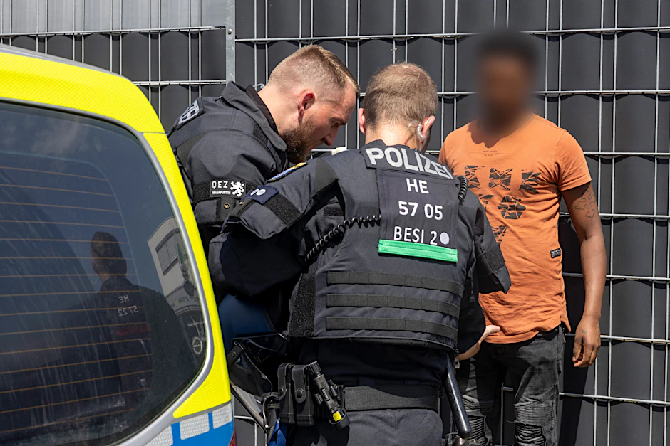 Hessen, Gießen: Polizisten kontrollieren am Rande des Eritrea-Festivals in Gießen eine Person. (Archivbild)