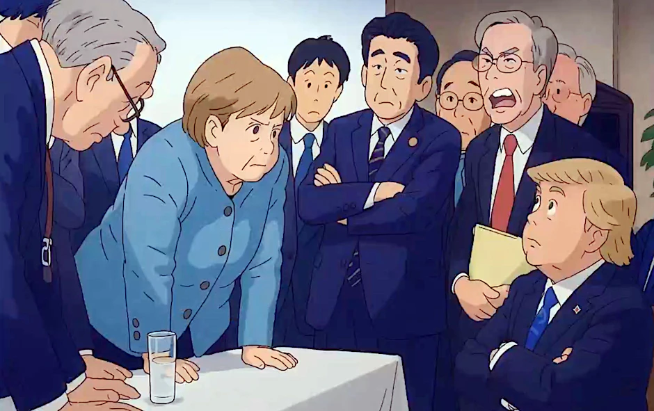 Statt „Heidi“ gibt es Merkel und Trump: Das ikonische Bild des G7-Gipfels mal anders.