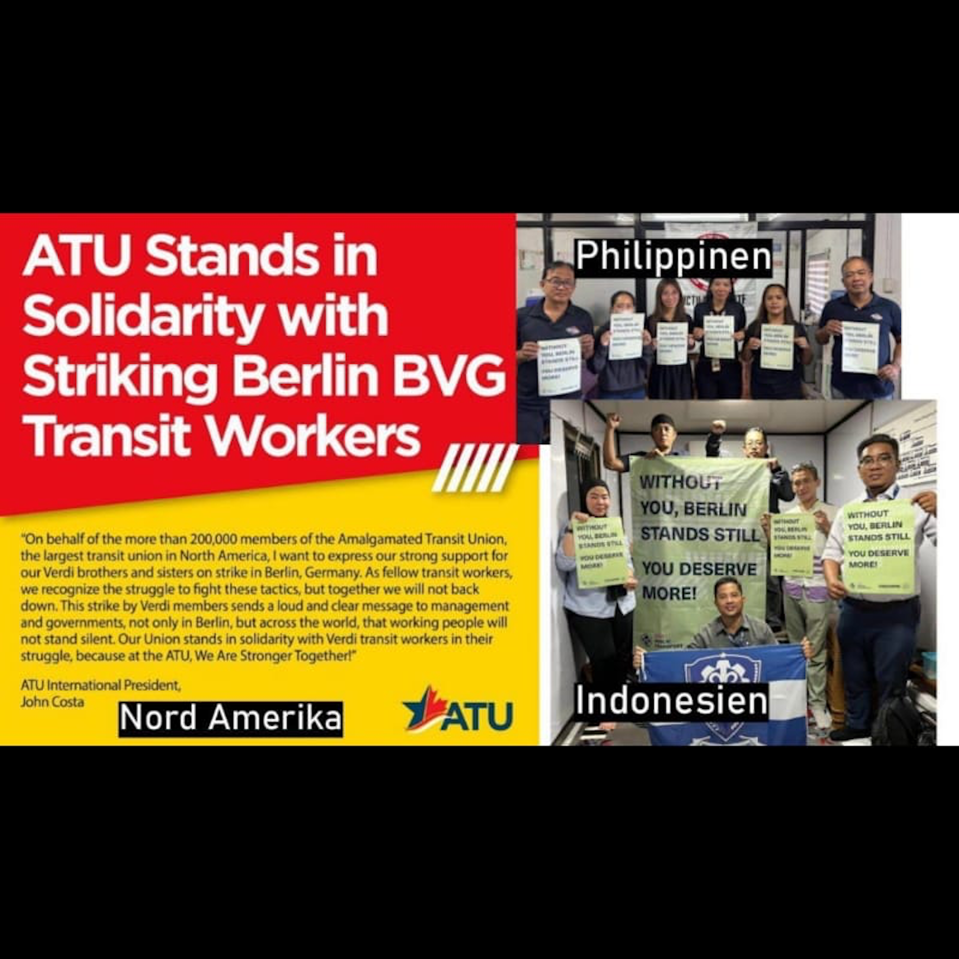 Solidaritätsadresse aus den USA: John Costa, International President der Amalgamated Transit Union, grüßt die streikenden Brüder und Schwestern der BVG in Berlin.
